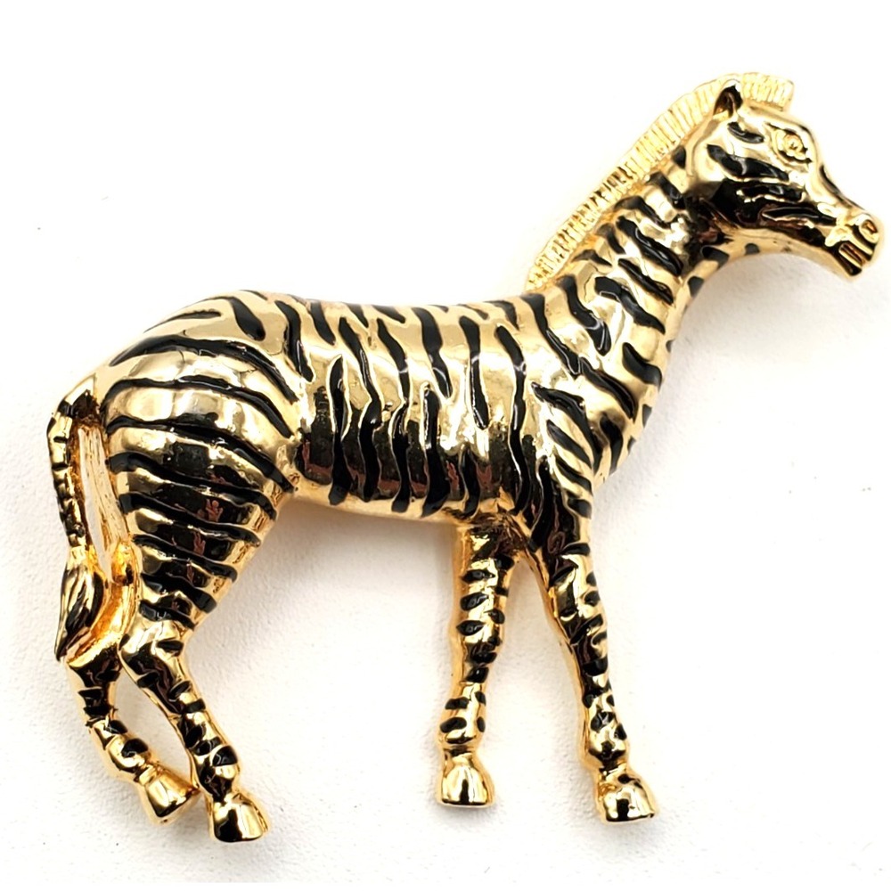 Vintage Gold Plate & Black Enamel Striped Zebra Brooch Pin